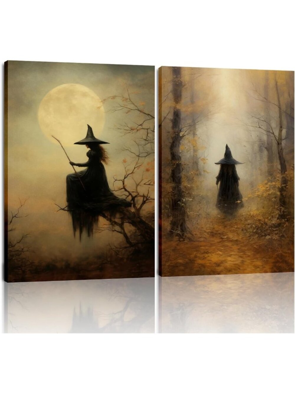 Vintage Witch Canvas Wall Art Set - Gothic Halloween Decor, Creepy Rustic Prints